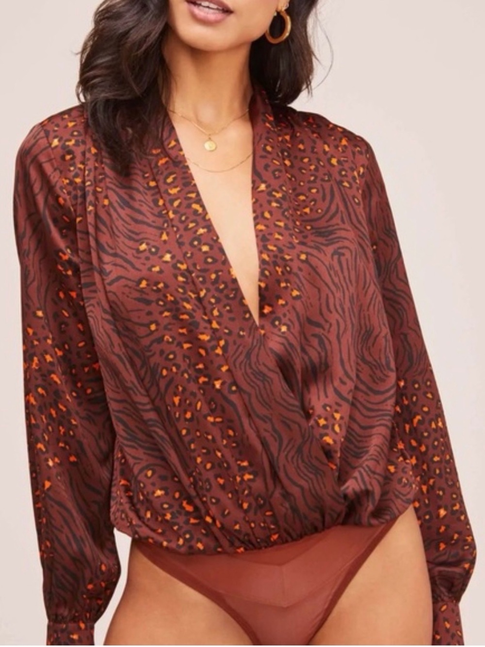 Astr Brown and Orange Animal-Print Satin Wrap Bodysuit NWOT